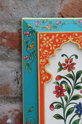 KB ART Handpainted Wooden Jharokha Wall Panel –  Turquoise & Orange Floral Mughal Arch Decor | Antique Ethnic Wall Hanging